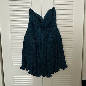 Deeply Glamorous Teal Plisse Strapless Drop Waist Mini Dress